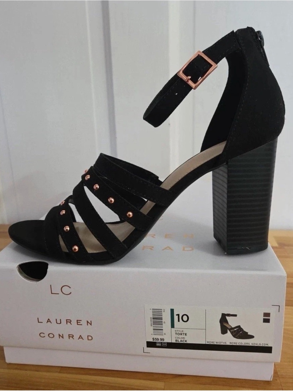 LC Lauren Conrad Black Strappy Block Heel Sandals with Rose Gold Buckle